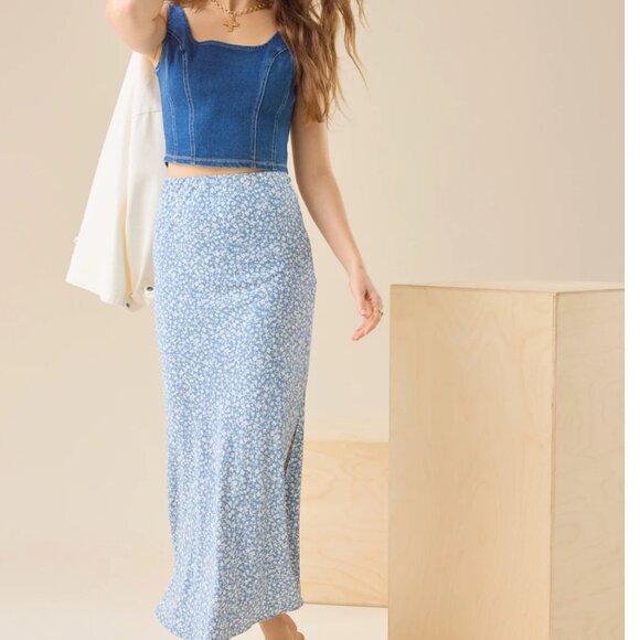 Altar'd State Amora Floral Midi Skirt, Dusty Blue - Picture 2 of 6